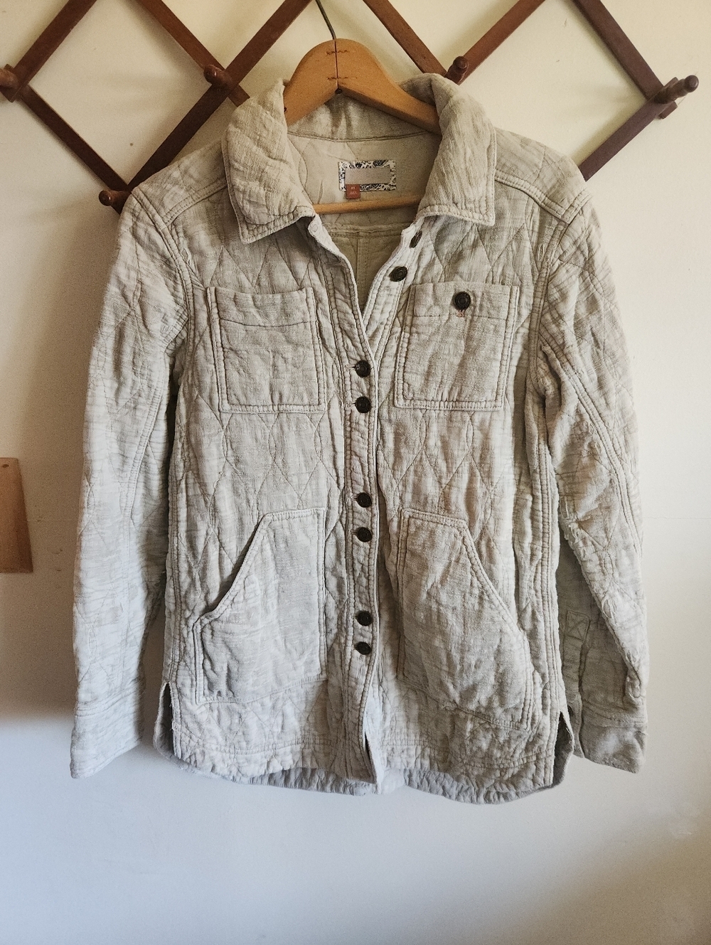 Pilcro Anthro Quilted Utility Jacket Cotton Cream Distressed Textured Coat Xs